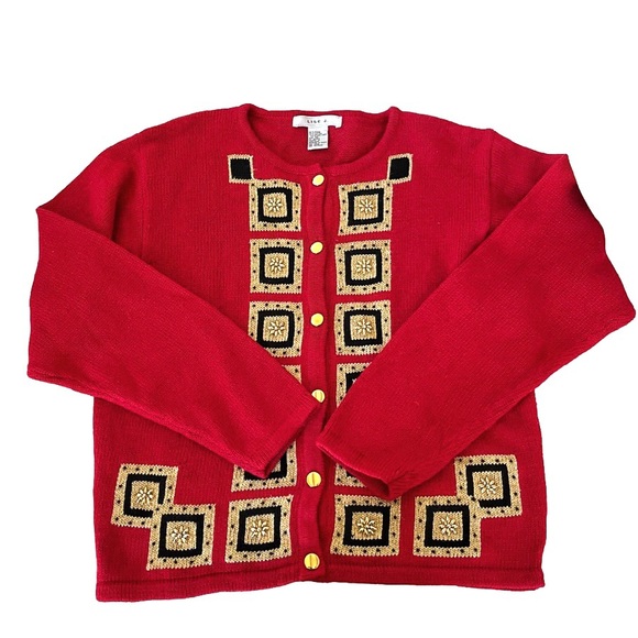 Vintage 90s Red, Black and Gold Geometric Lise J Holiday Style Cardigan Medium - Picture 6 of 6